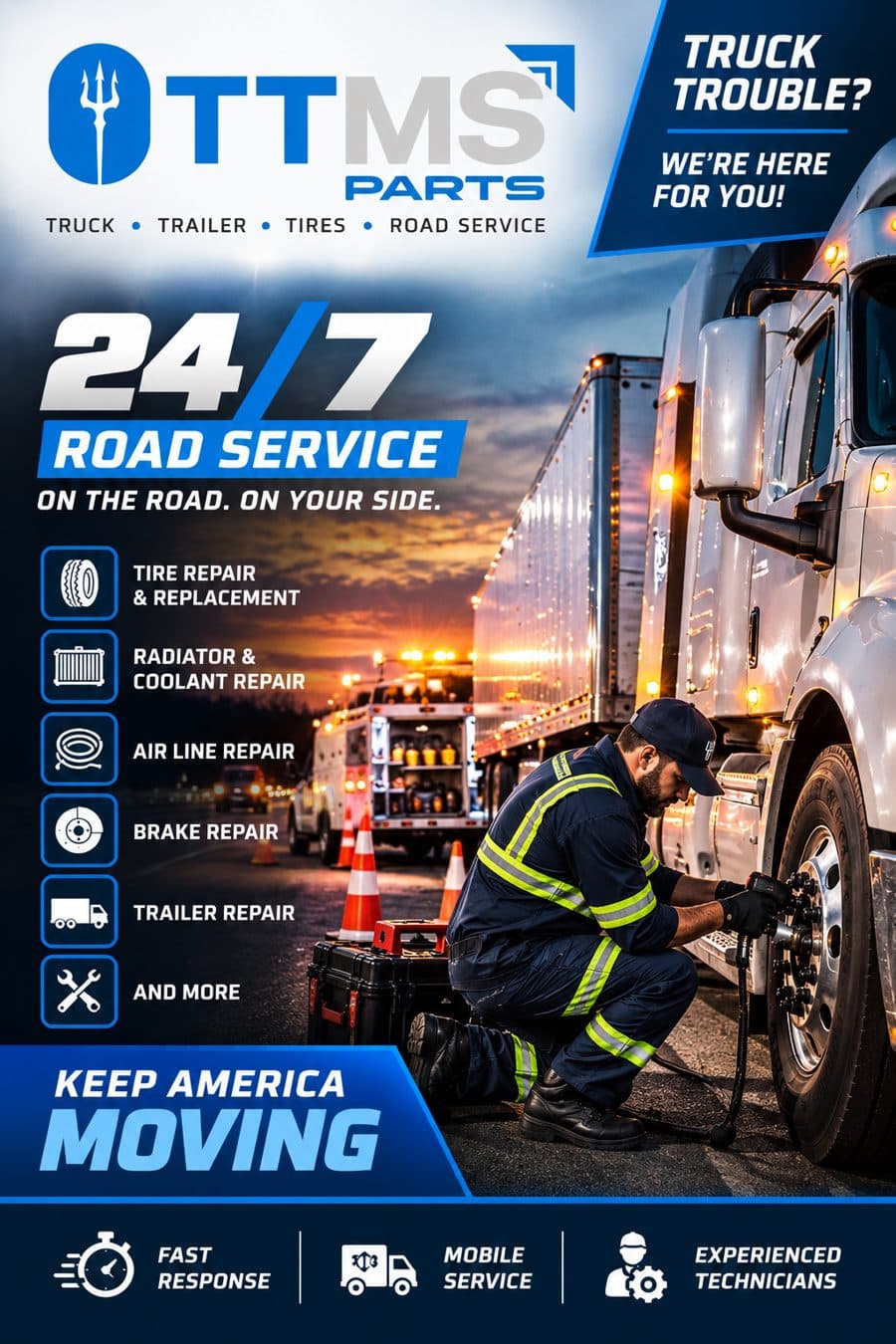 TTMS Parts 24/7 road service technician repairing a truck tire at night